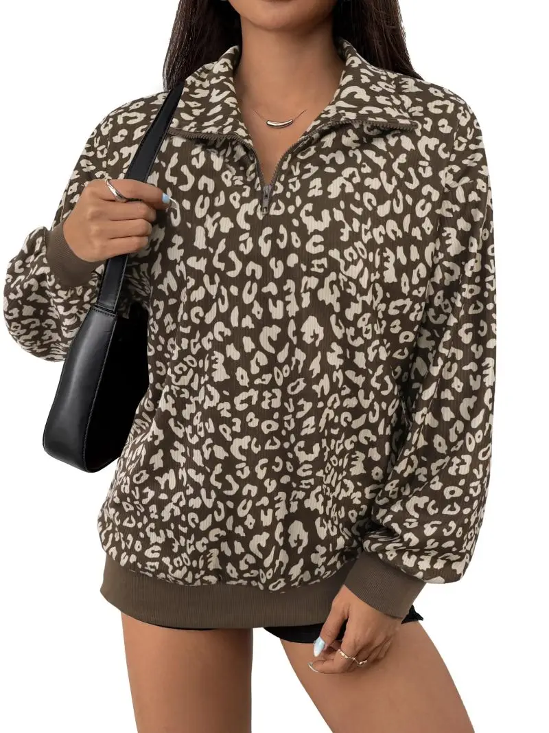 

Retro Leopard Print Sweatshirt with Collar Zipper Loose Casual Versatile Outerwear plus Size Women's Comfortable Leisure Style