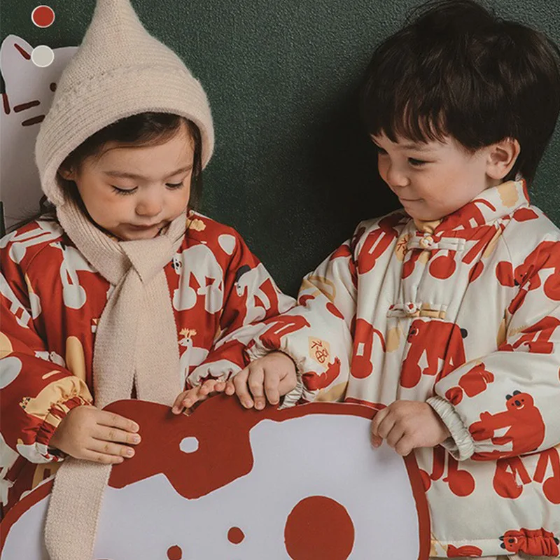 Boys Girls Winter Cotton Padded Jacket New Year\'s Velvet Clothes Baby Fleece Lined Coat Kids Christmas Tops Outerwear 1-7T