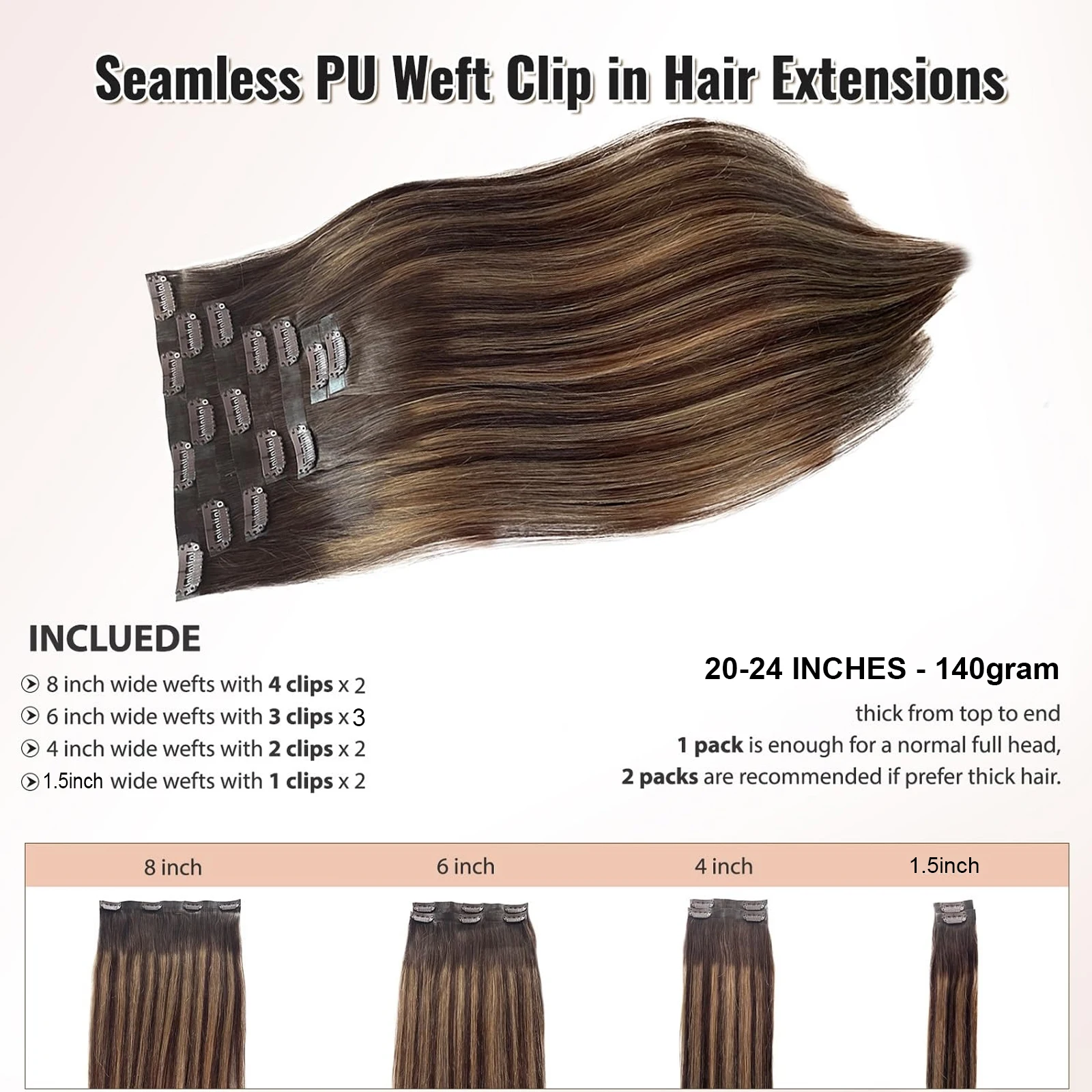 Resaltar Clip en extensiones de cabello 10 unids/set 18-24 pulgadas cabello humano marrón Natural cabeza completa 70-140G Clip postizos humanos P4-27