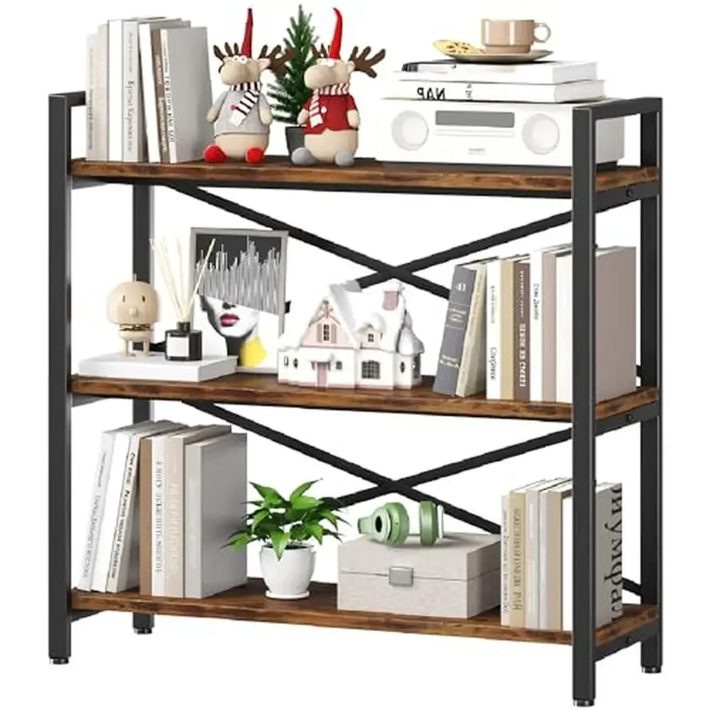 

Wood Metal Bookshelf Storage Rack 3 Tier Vintage Modern Home Organizer Living Room Bedroom Office Multi-purpose Shelf 31.49"