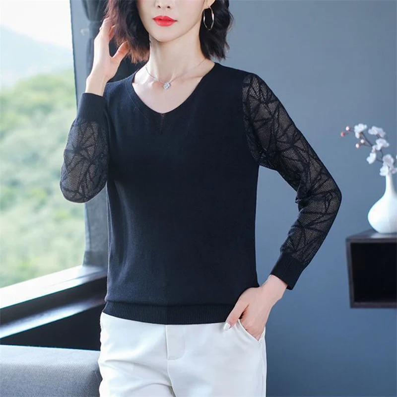 2022 Musim Semi Musim Gugur Kasual V-neck Lengan Panjang Longgar Berongga Atasan Wanita Mode Korea Padat Tipis Rajutan Sweater Pullover Dasar