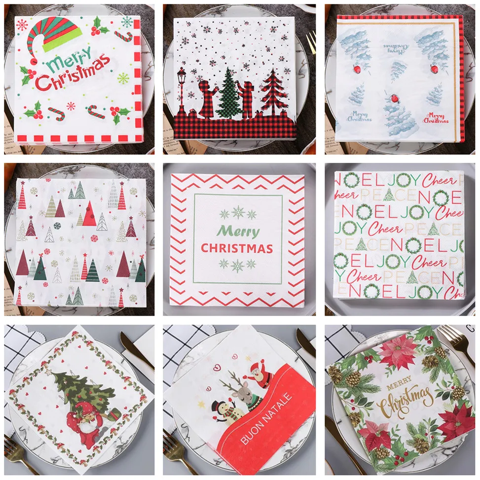 20Pcs/pack Christmas Series Printed Paper Disposable Tableware Sqaure Napkin Tissues Xmas Party Decoration