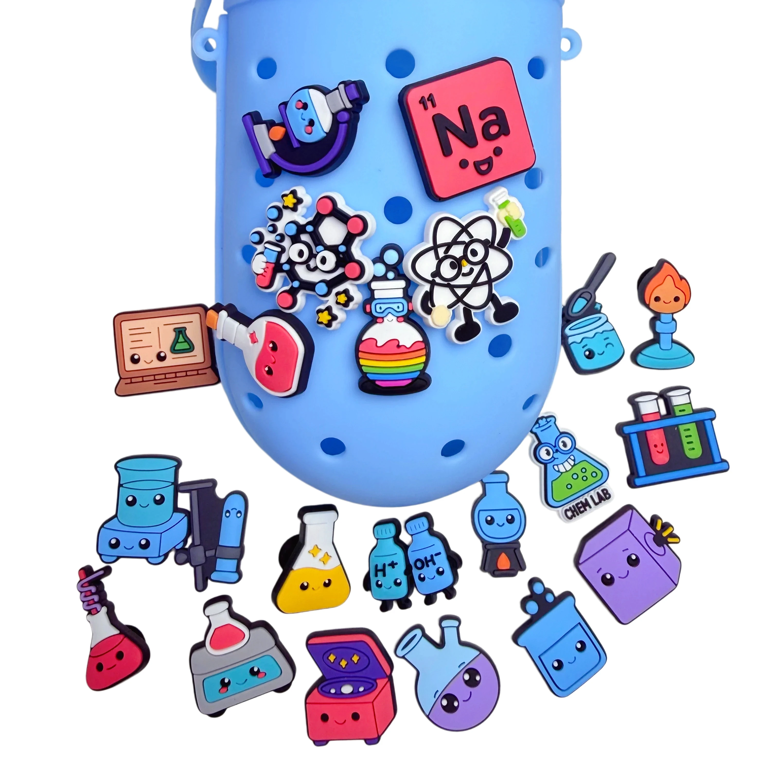 22-100Pcs Wholesale Mix Cute Experimental Equipment PVC Shoe Buckle Charms Chem Lab Clog Decorations For Study Gifts