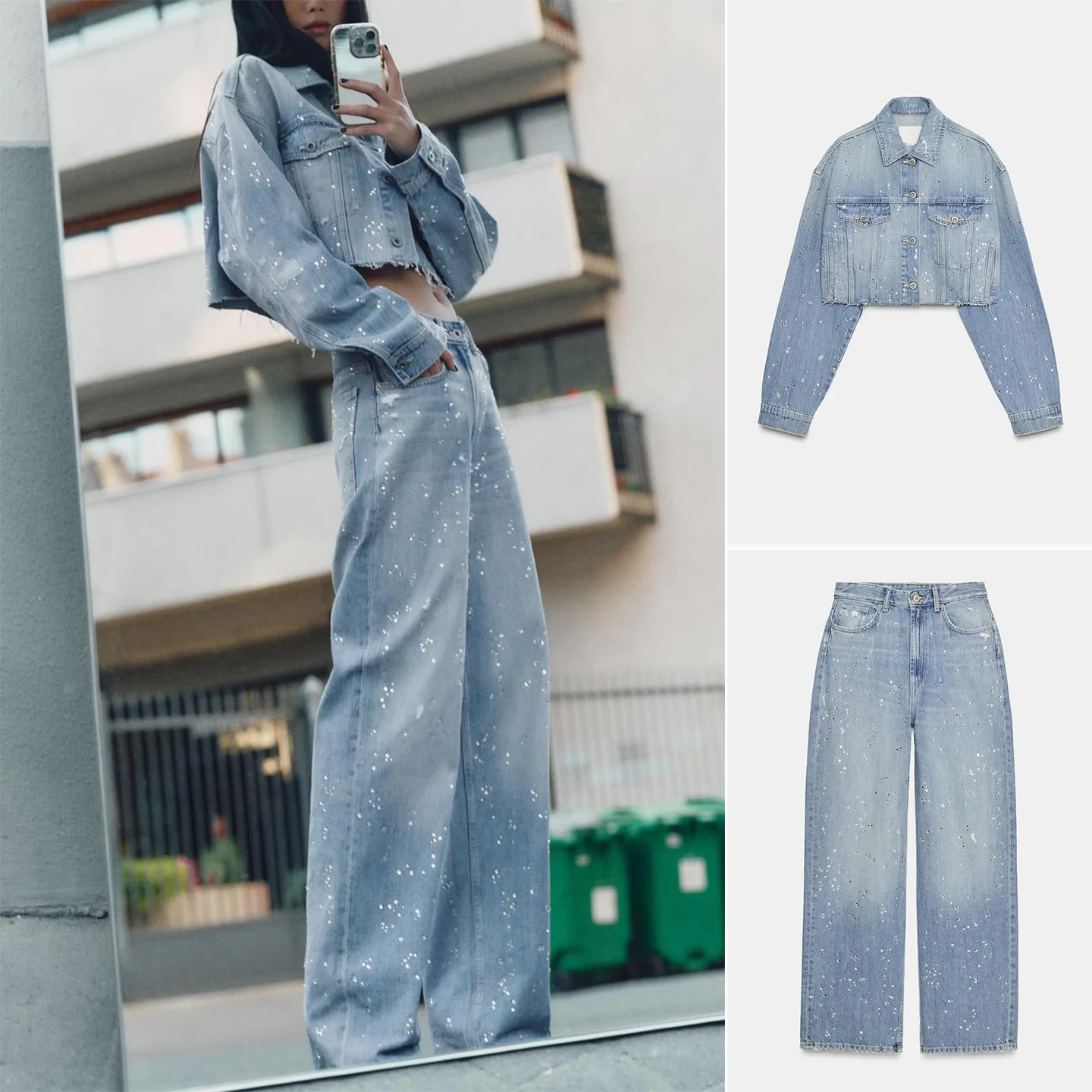 

High Waist Straight Leg Jeans 8727216 Diamond Embellished Jacket 4730272 Casual Sportswear Set for Women Autumn 2025