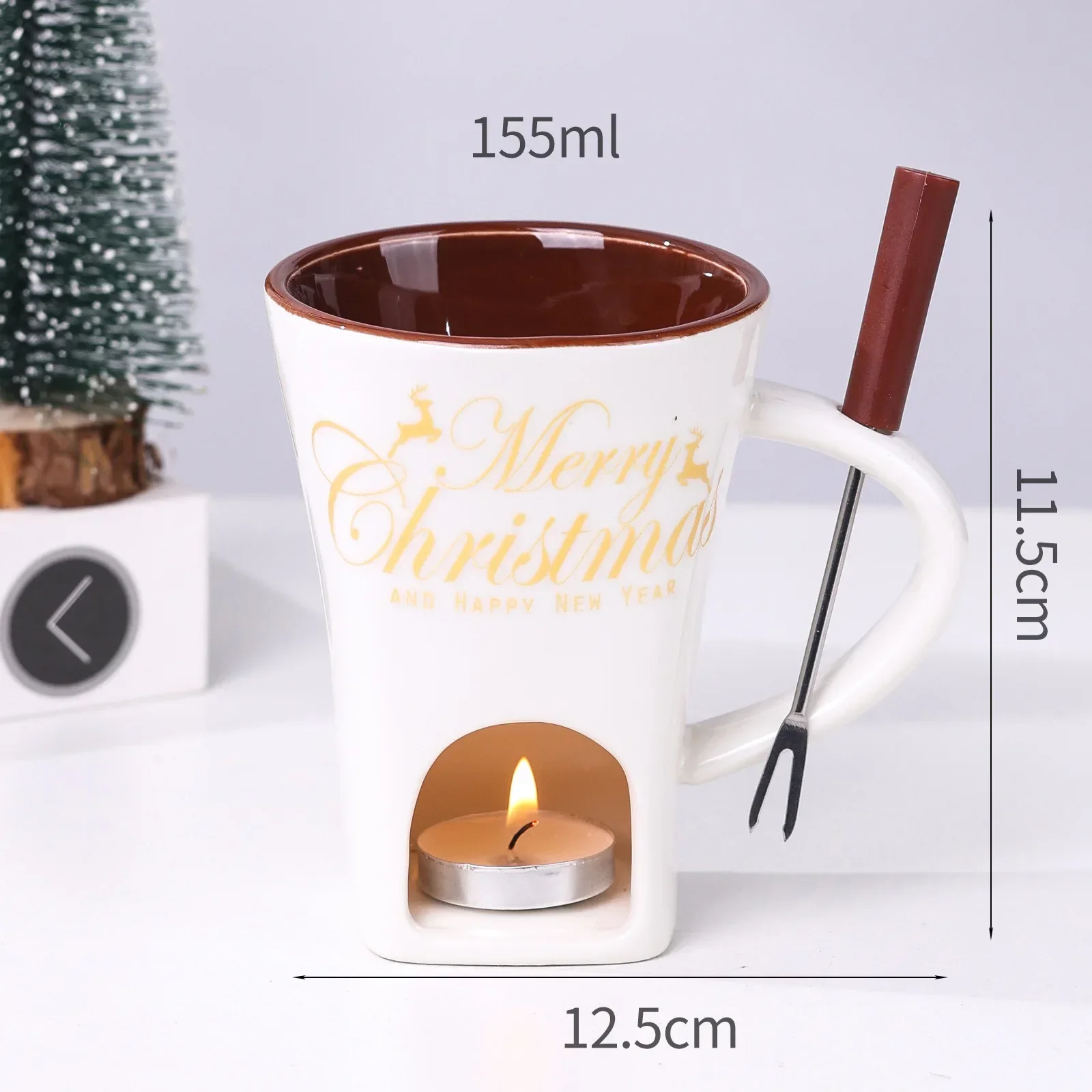 150ML Weihnachts-Keramikbecher Schokoladen-Schmelzofen mit Gabel, Heizender Käse-Hotpot-Becher, Weihnachtsgeschenk für Paare – Detail 3