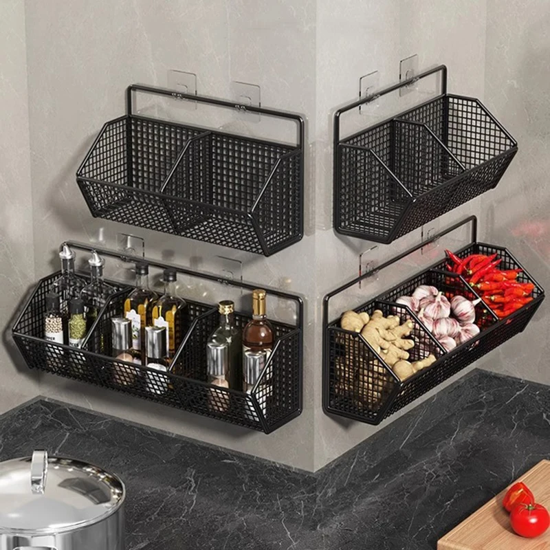 Wall Mounted Storage Basket Kitchen Onion Ginger Garlic Seasoning Spice Shelf No Rinse Vegetable Fruit Drainage Basket