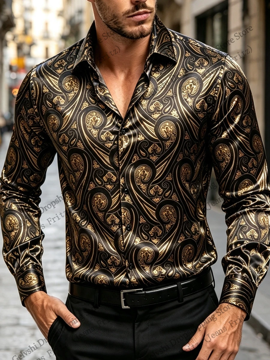 Mens Luxe Baroque Long Sleeve Shirt Golden Scroll 3d Print Shirt Men Fashion Comfortable Single-breasted Blouse Men clothing 5xl