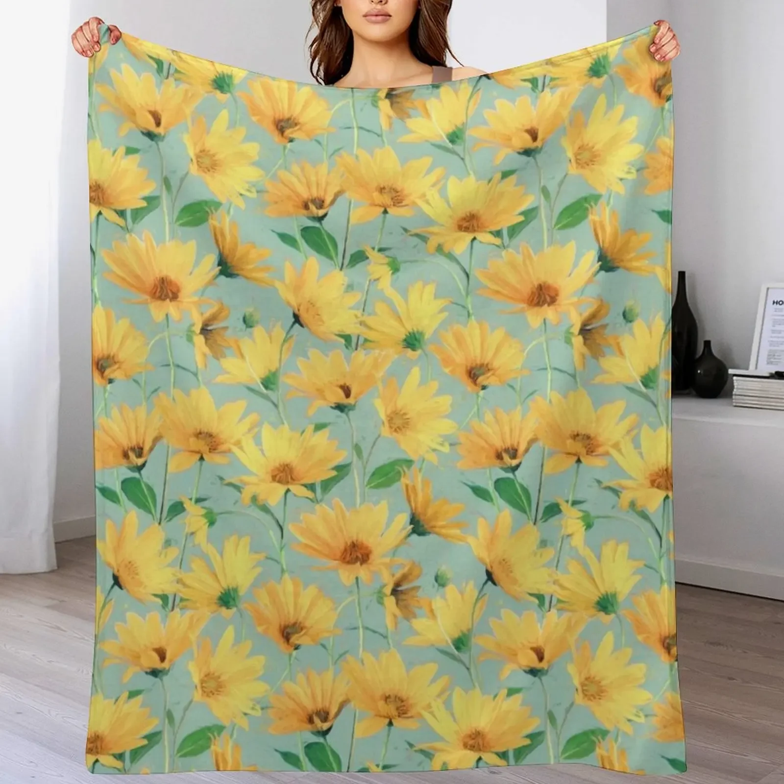 

Painted Golden Yellow Daisies on soft sage green Throw Blanket Stuffeds Moving Summer Decorative Sofas Blankets