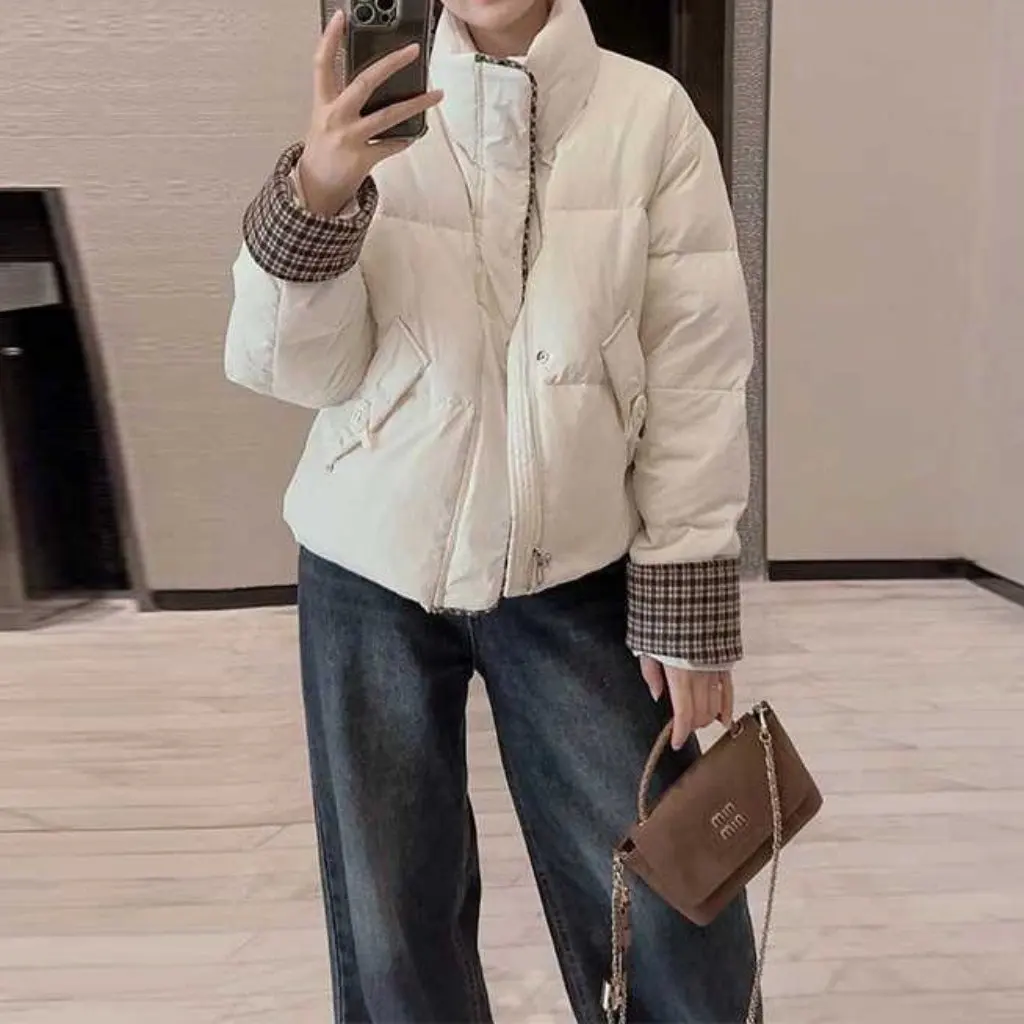

Women's Contrast Color Stand Collar Cotton Outwear Small Fragrant Spring Fashion Short Warm Trendy Style