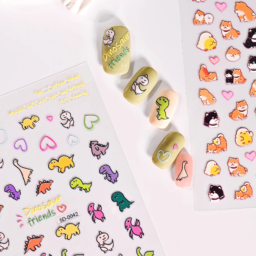 1pcs Cute Cartoon Dinosaur Nail Art Sticker Self Adhesive Kawaii Corgi Panda Design Nail Decal 5D Animal Sticker Nail Art Decor*