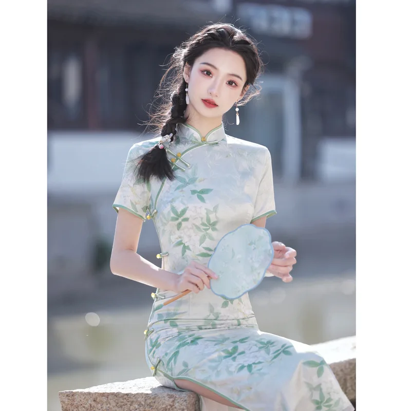 

2023 Fresh Green Women Vintage Cheongsam Dress Girl Chinese Style Traditional Short Sleeve Dress Floral Slim Qipao S To XXL