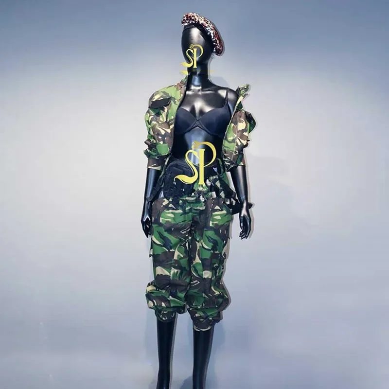 Camouflage Adult Jazz Stage Costume Women Nightclub Party Performance Outfit Festival Team Clothes Jacket Pants Streetwear yj636