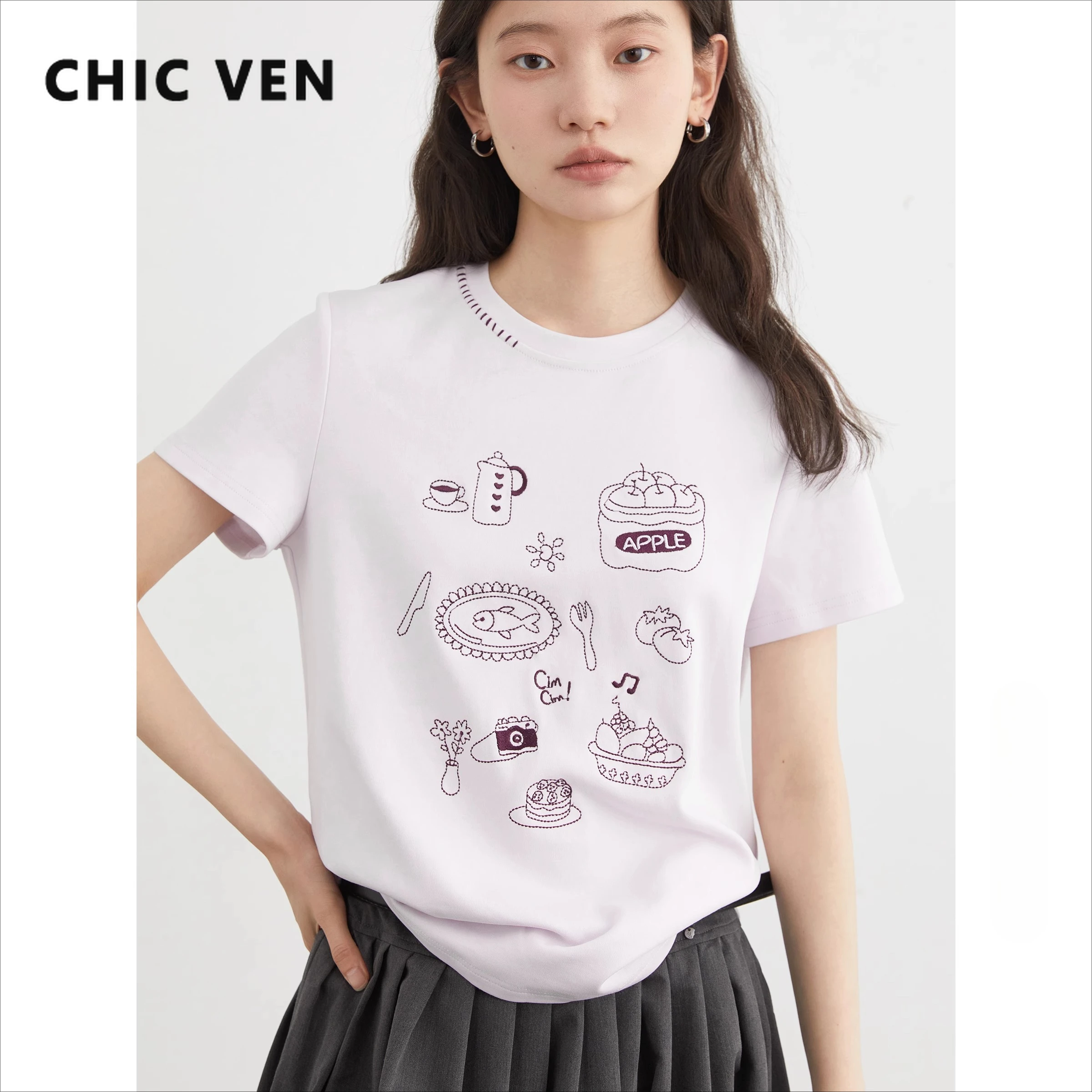 

CHIC VEN женские футболки повседневные новые вышитые женские футболки с круглым вырезом и короткими рукавами для женщин женское пальто лето 2025