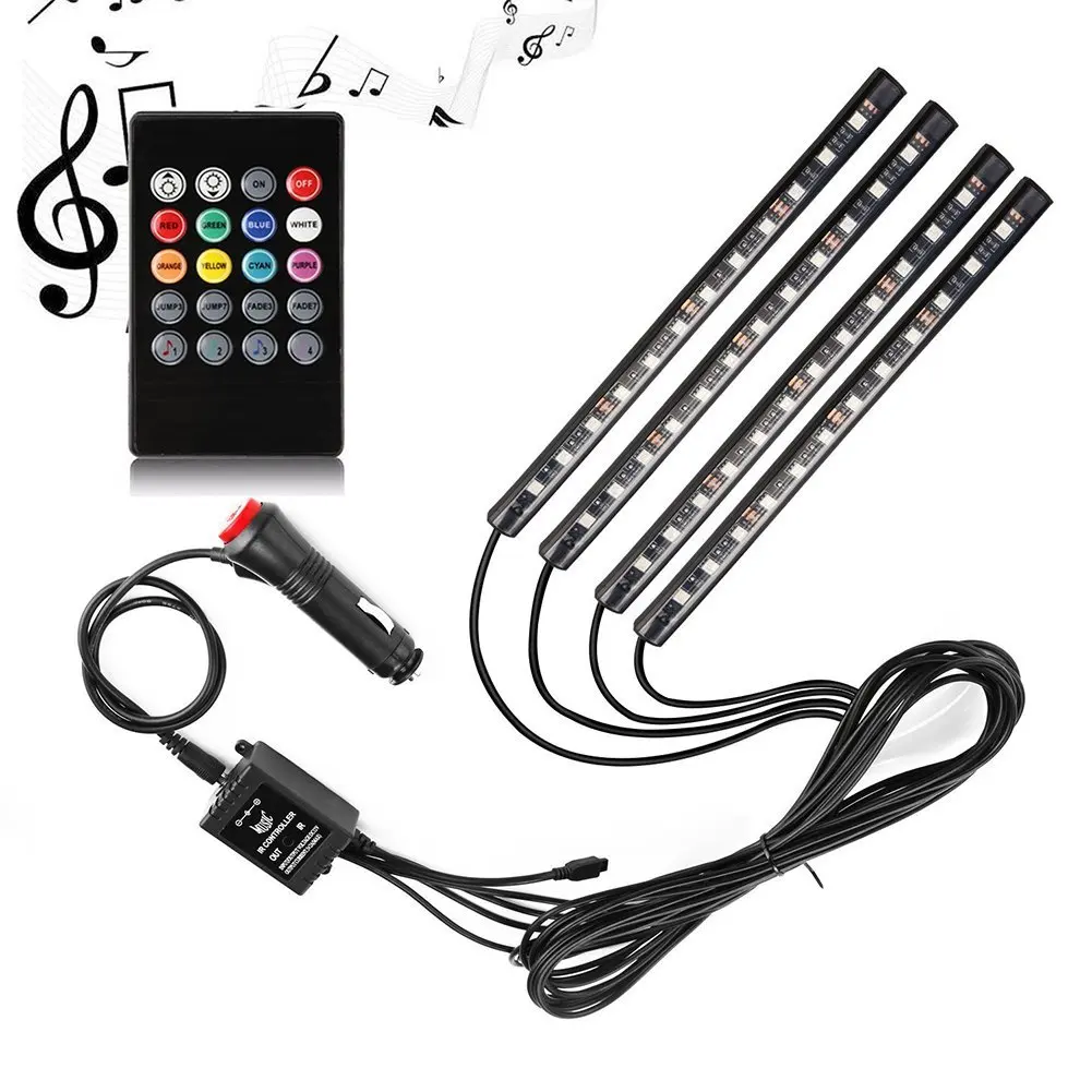 Car LED Strip Light,4pcs 36/48 LED DC 12V Multicolor Music Car Interior Light Function and Wireless Remote Control, Car Charger