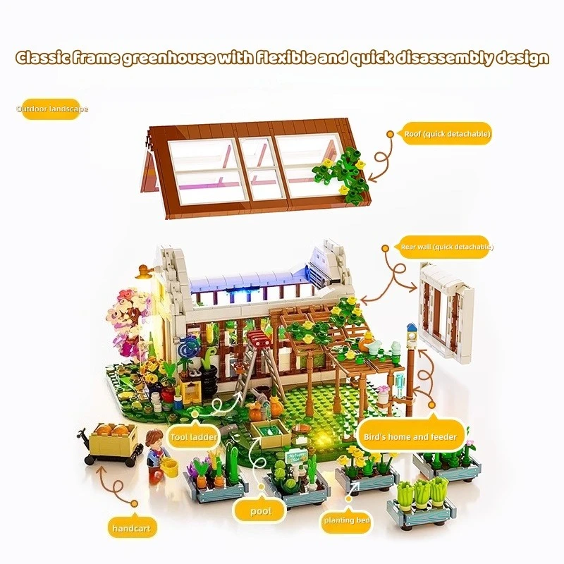 Zabawki do składania z klocków, szklarnia ogrodnicza, modele, seria Życie na farmie, widok ulicy, zabawki, ozdoby, prezenty urodzinowe