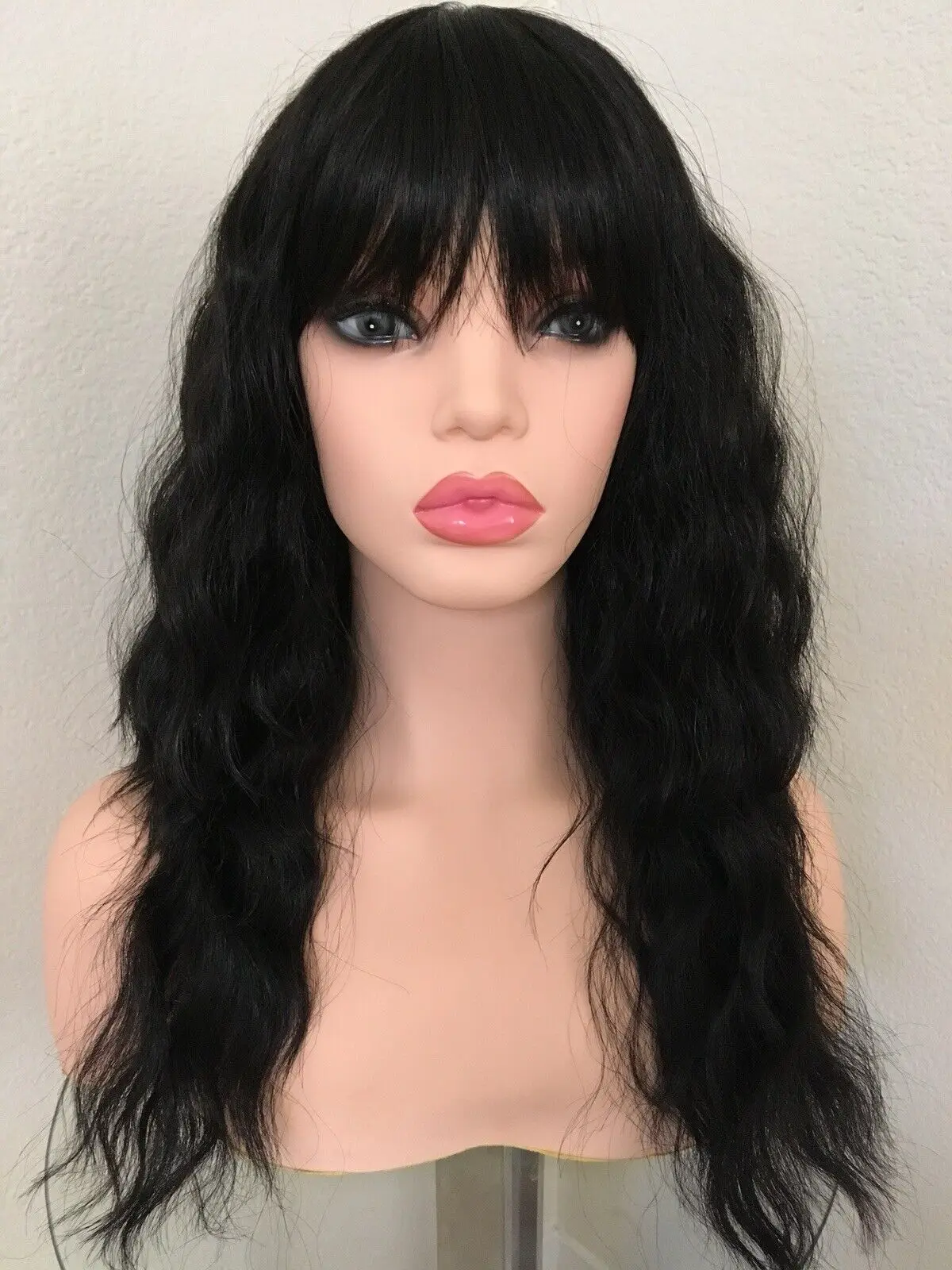 Synthetic long black wig with bangs Wavy Full Fringe Heat Resistant 20 Inch Long