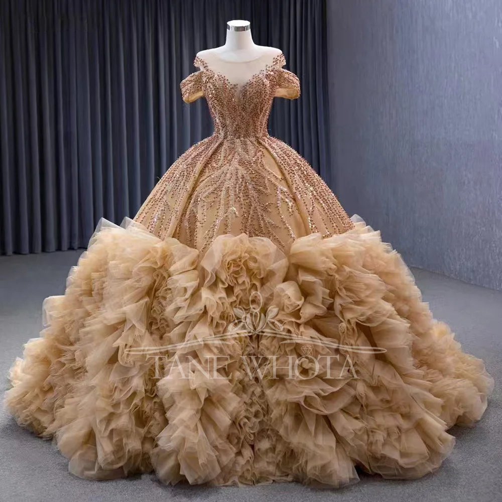 Robe de soirée de luxe personnalisable, col rond, manches cape, dos à lacets, perles et paillettes, Style 2025 pour femmes