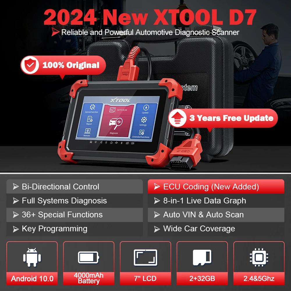 XTOOL D7 OBD2 Scanner Automotive Diagnostic Tool Active Test Bidirectional with ECU Coding All System Diagnosis Key Programming