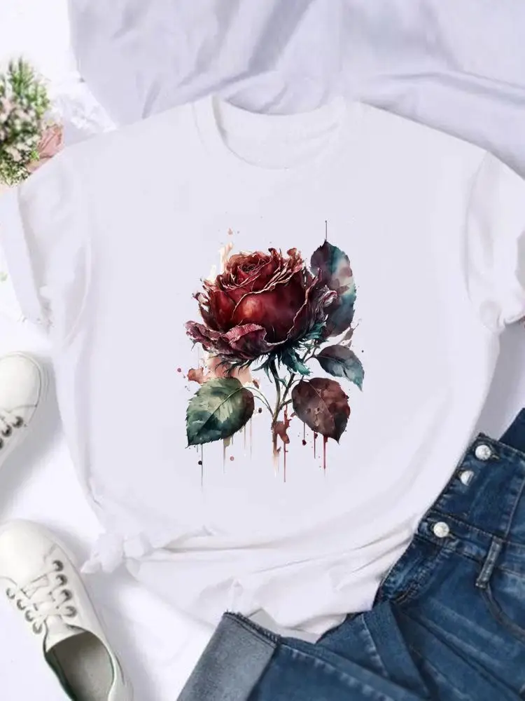 

Watercolor Flower Lovely Cute Cartoon Shirt Graphic Tee Fashion Female Print T Top Women Clothing Short Sleeve T-shirts