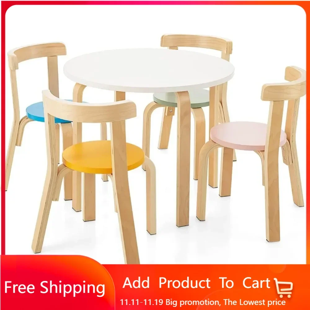 Kids Table and Chair Set, Bentwood Toddler Round Table and 4 Chairs for Craft Art, Building Block,5-Piece Children Furniture Set