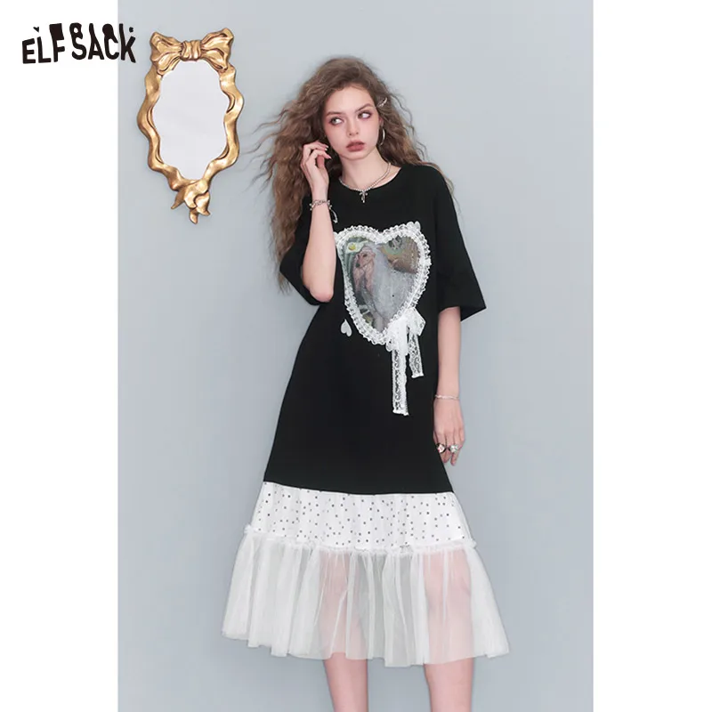 

ELFSACK 2025 Summer New Arrival Casual Lace Splicing Printed Mesh Loose Women's Long T-Shirt Dress