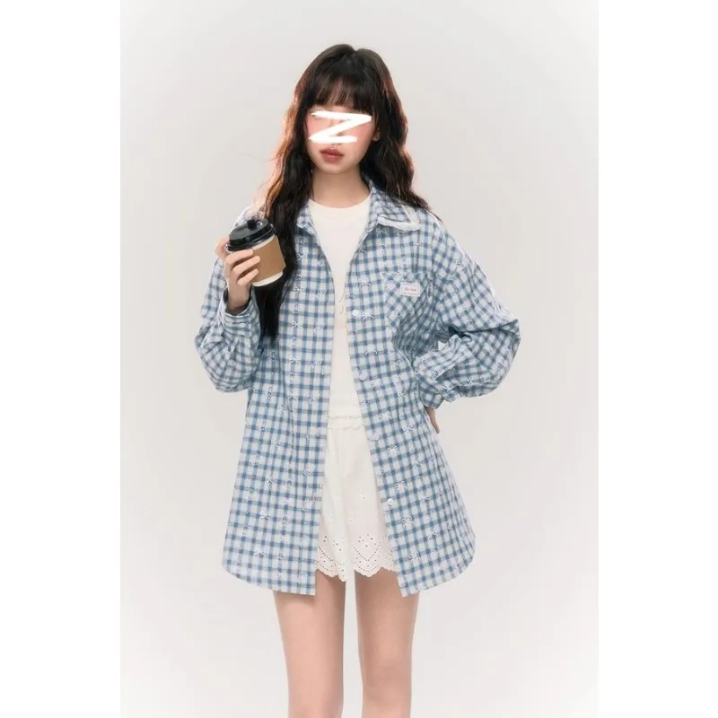 

Korean Lace Shirt Women's Spring and Autumn Bow Print Plaid Top