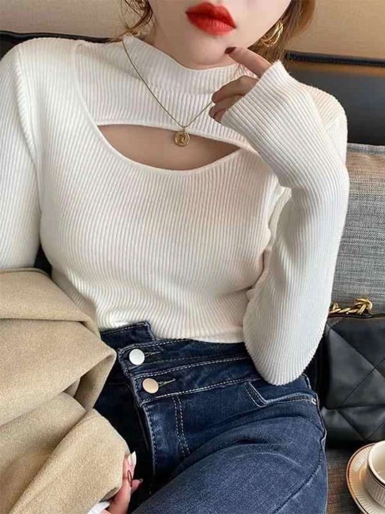 AOSSVIAO Hollow-out Turtleneck Knitted Women Sweater Ribbed Pullovers Autumn Winter Basic Women Sweaters Slim Fit Soft Warm Tops