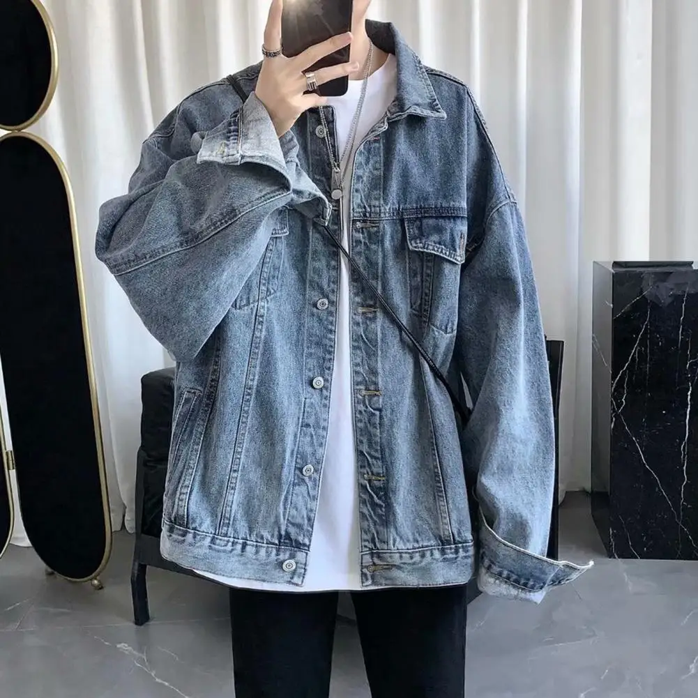 

Men Jacket Denim Retro Hip Hop Style Loose Single-breasted Long Sleeve Lapel Multi Pockets Streetwear Plus Size Men Coat