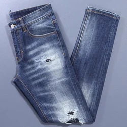 High Street-pantalones vaqueros rasgados para Hombre, Jeans elásticos, ajustados, Retro, de marca de diseñador, Vintage