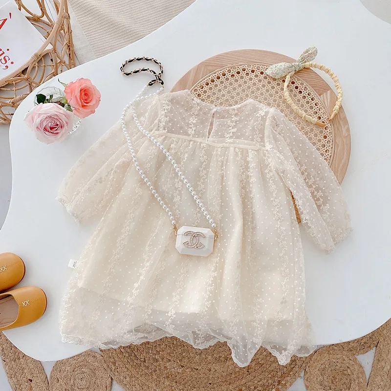 Princess Dress 0-5Years Kids Baby Girl Long Sleeve Mesh Lace Dresses Embroidery One-Pieces Birthday Party Outfits Spring Clothes