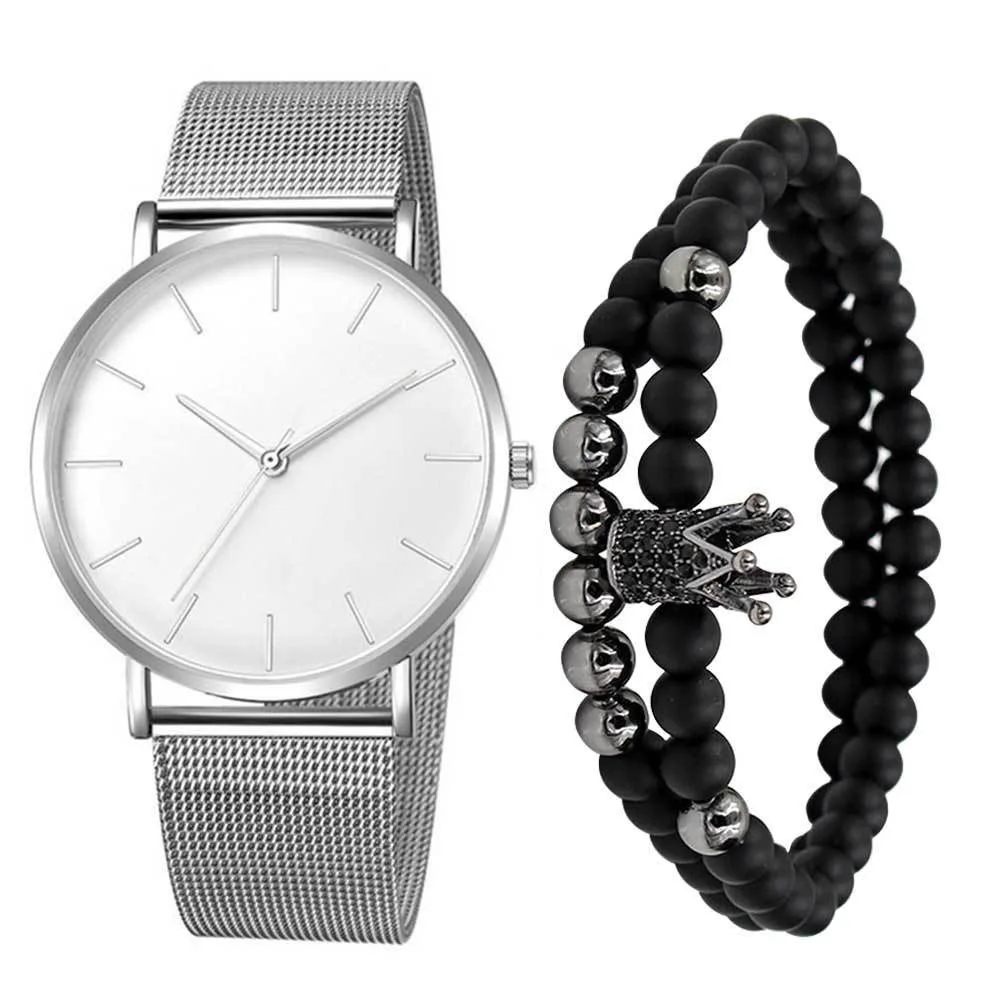 2 шт. простые деловые мужские кварцевые часы с круглым ремнем и набором браслетов с короной и бусинами