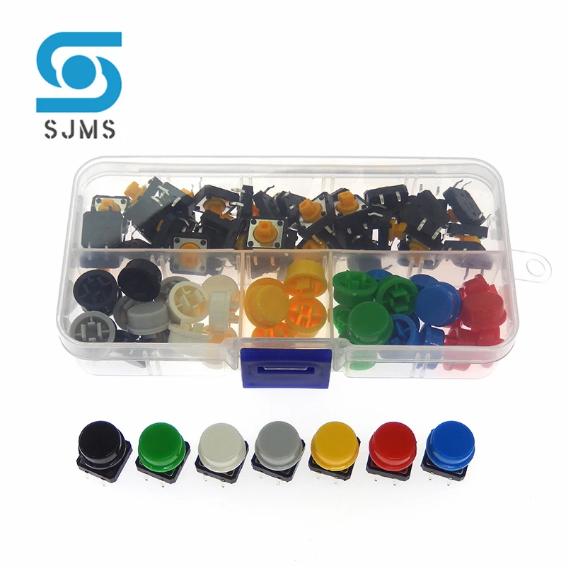 70 Pcs = 35 Set Tactile Push Button Switch Momentary 12*12*7.3mm Micro Switch Button + A24 Color Round Tact Cap 7 colors