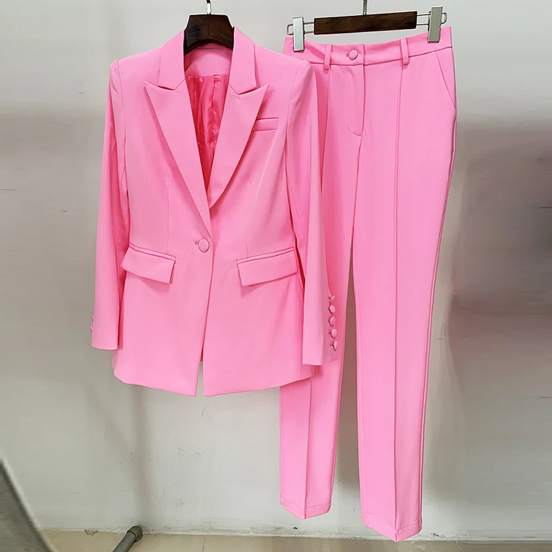 HIGH QUALITY Newest 2024 Designer Runway Suit Set Women\'s Career Fashion Single Button Slim Fitting Blazer Pencil Pants Suit