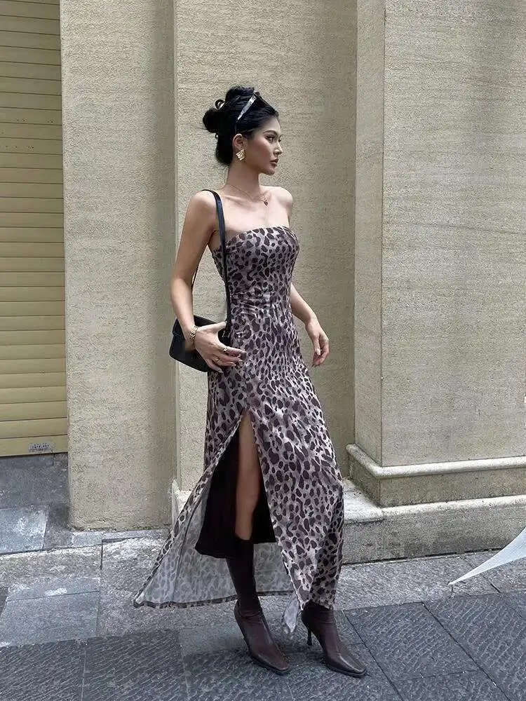 

Sexy Leopard Fashion Print Strapless Dress Elegant For Women Maxi Dresses Slash Neck 2024 New Tops Sweet Streetwear ATR7