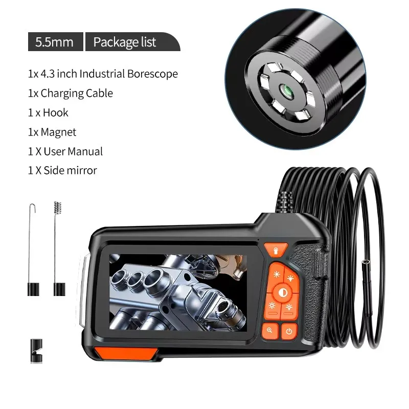 5,5-mm-Endoskopkamera mit Licht, 4,3 Zoll 1080P HD Industrie-Endoskop – Flexibles Schlangen-Boreskop für Sanitär- und Automobilanwendungen