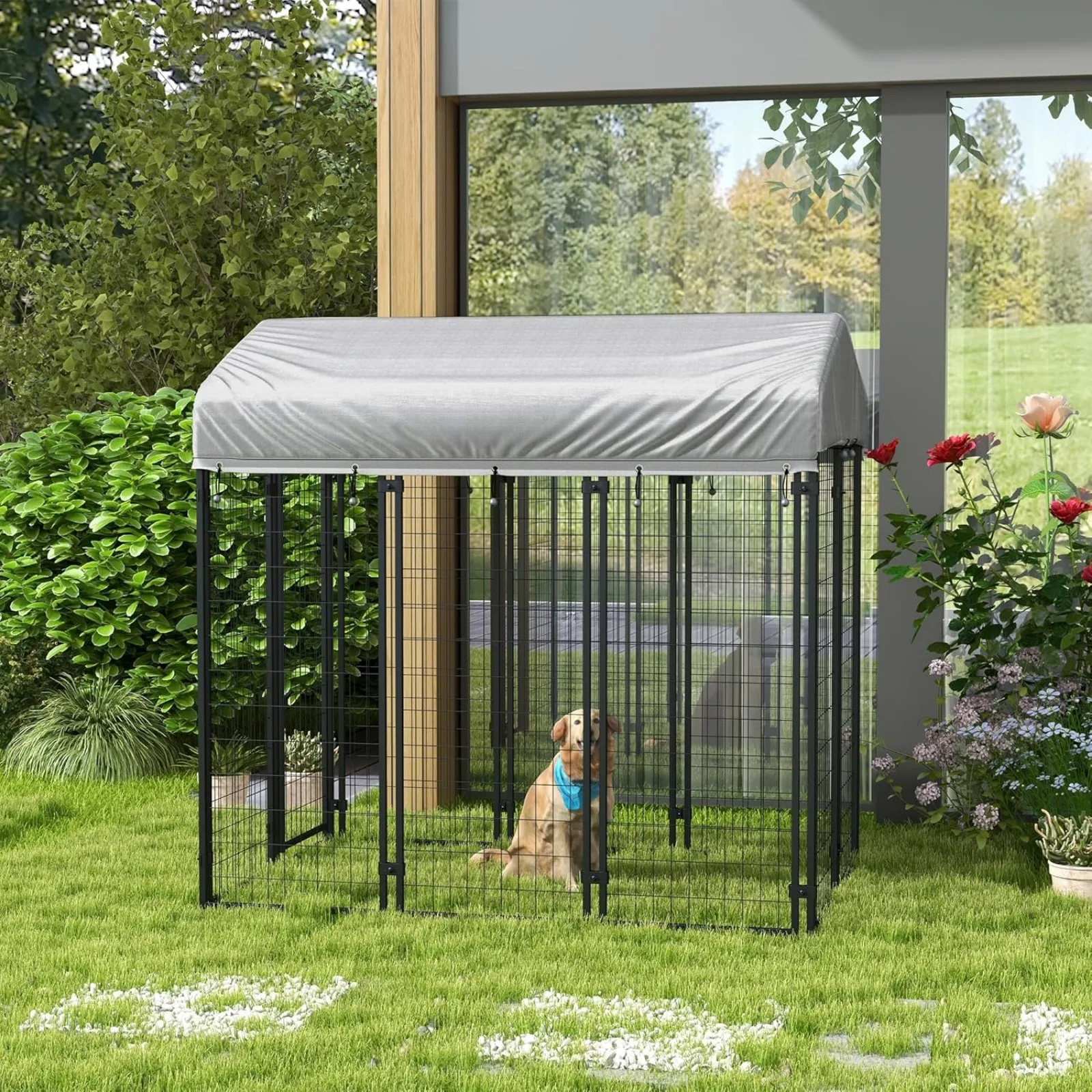 US 6' x 4' x 6' Dog Playpen Outdoor, Dog Kennel Dog Exercise Pen with Lockable Door, Water-Resistant Canopy,