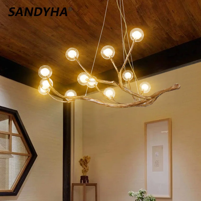 SANDYHA LED Molecular Chandelier Tree Branch Ceiling Lamp with Glass Ball Bubbles for Living Dining Room Tea Table Hanging Light