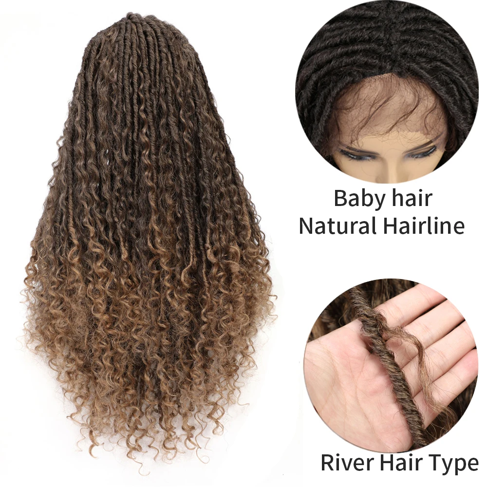 X-TRESS Faux Locs Synthetic Wigs Straight Mix Curly Barids Ombre Brown Colored Crochet Braids Wig For Black Women Soft Dreadlock