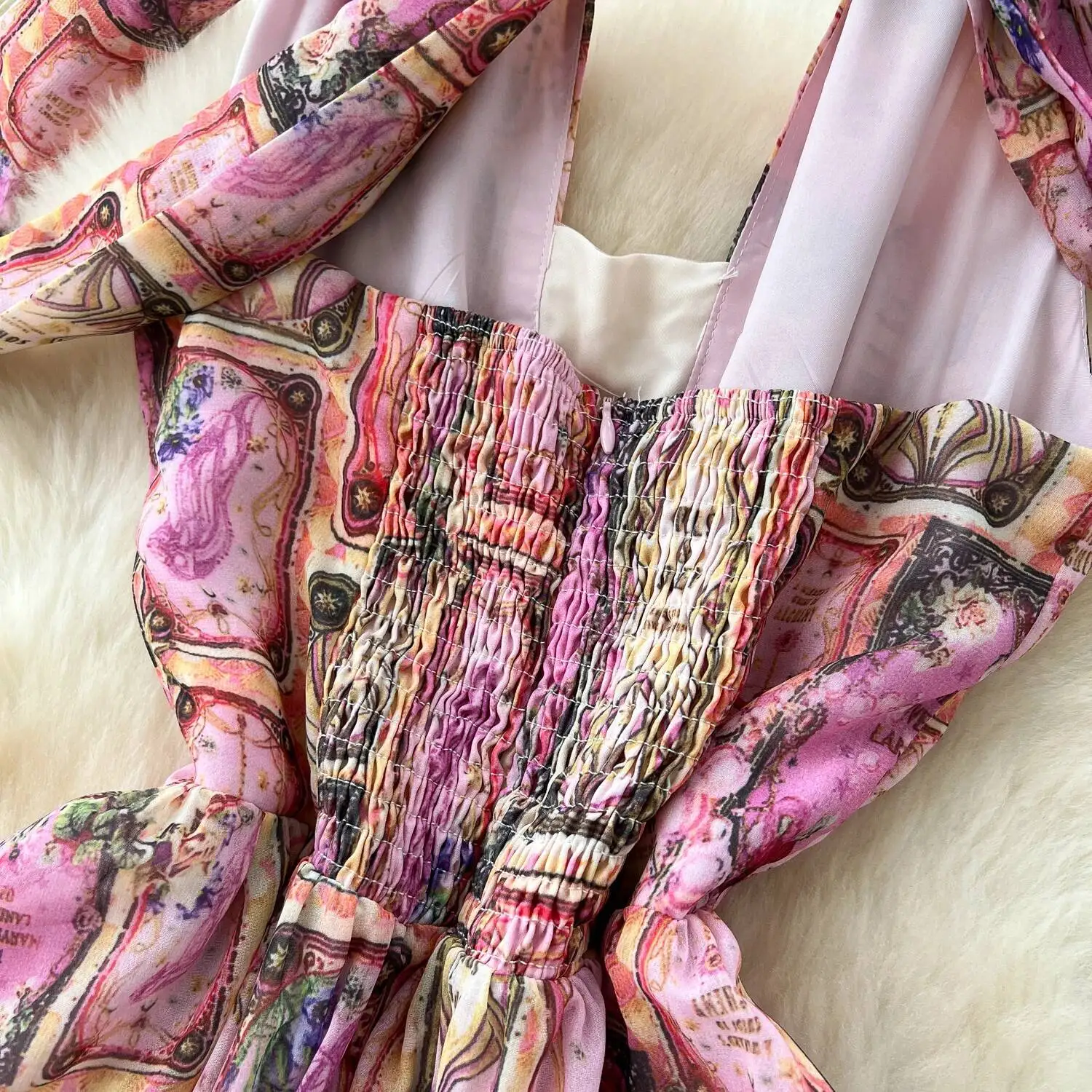 Women Sexy Hanging Neck Beach Dress Summer High Waist Ruffle Printed Long Dresses Ladies Vintage Chiffon Boho Long Robe Vestidos