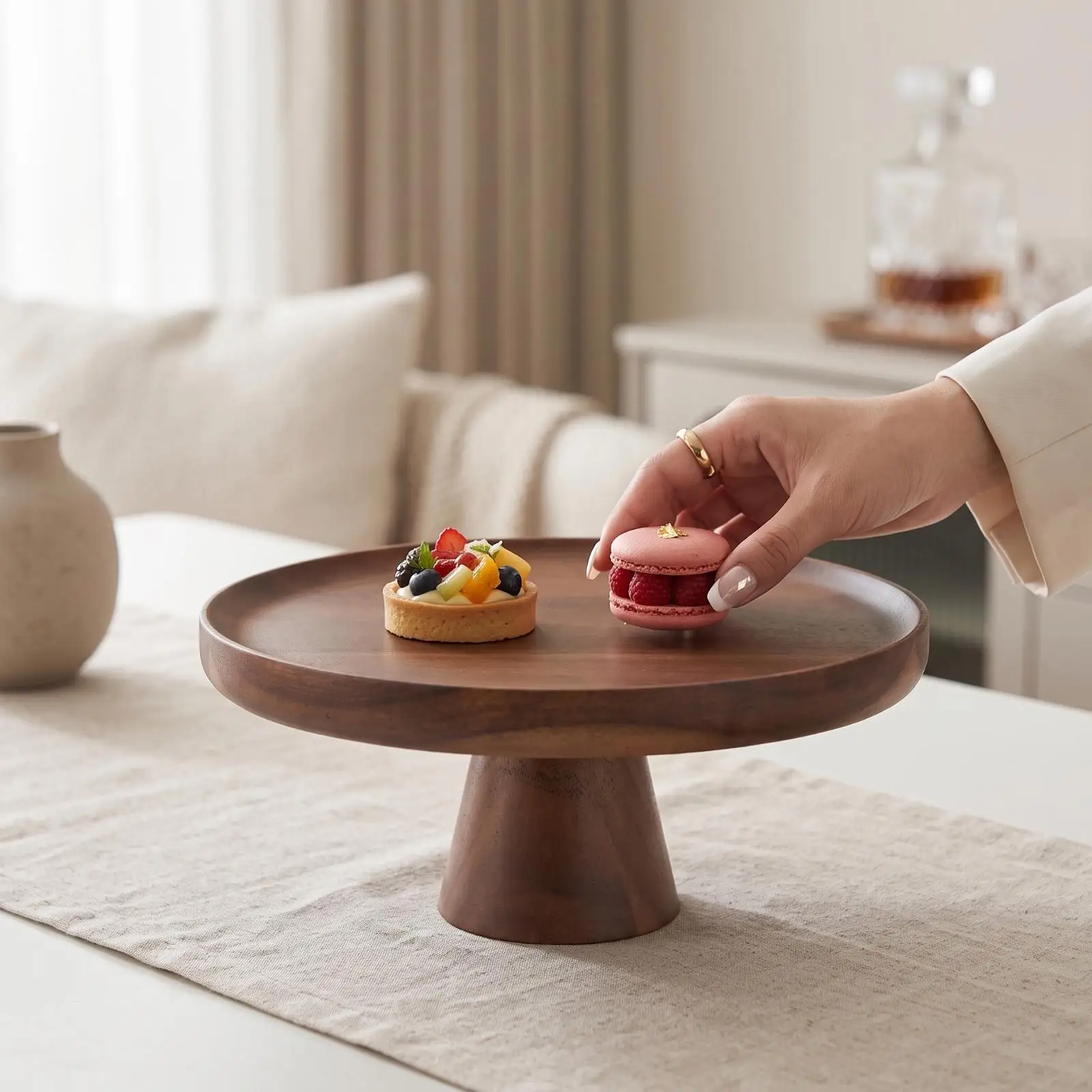 Round Wood Pedestal Tray Elevated Wooden Cake Stand Minimalist Serving Platter