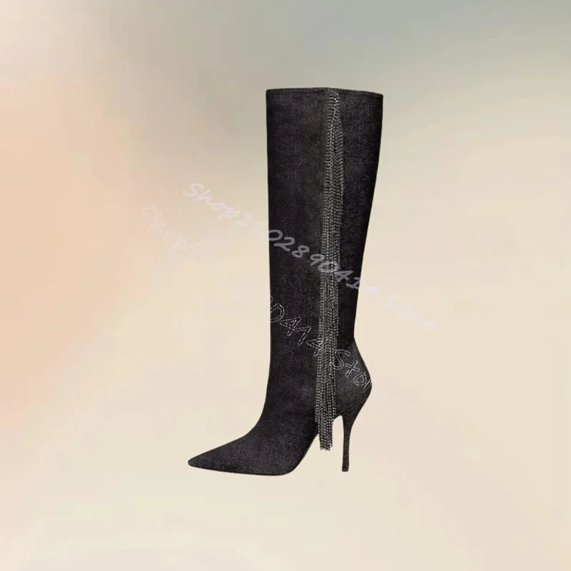 كريستال شرابات ديكور أسود أشار تو الأحذية الجانب سستة النساء أحذية رقيقة عالية الكعب رواية حفلة عيد 2024 Zapatos Para Mujere