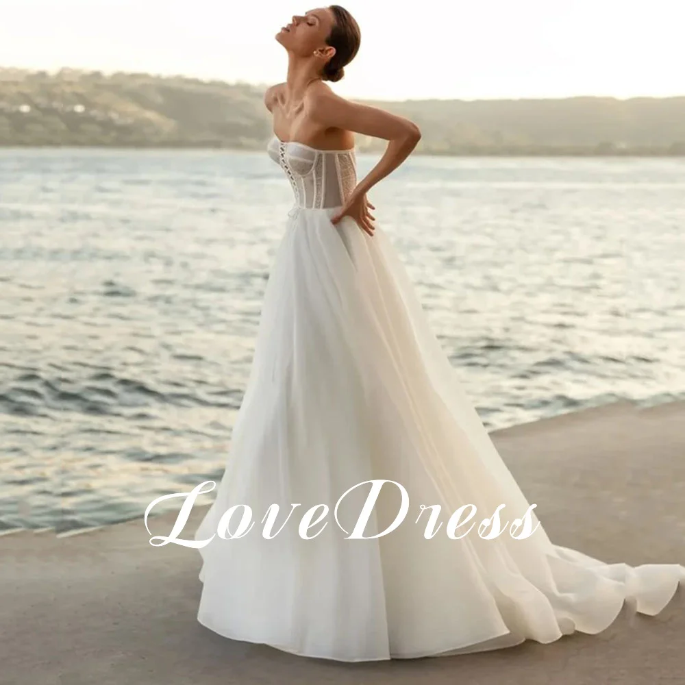 Sexy Sweetheart White Wedding Dresses For Women Sleeveless A-Line Organza Satin Beach Backless Bride Gowns Train Robe de mariée