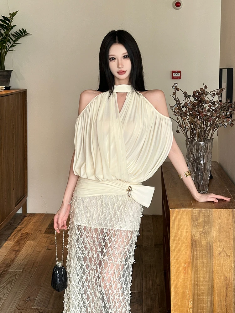 ReddaChic Women Layering Top Maxi Skirt Matching Set Sexy Laced Semi-sheer Maxi Bodycon Skirt Halter Blouse Fall New Costume view 4