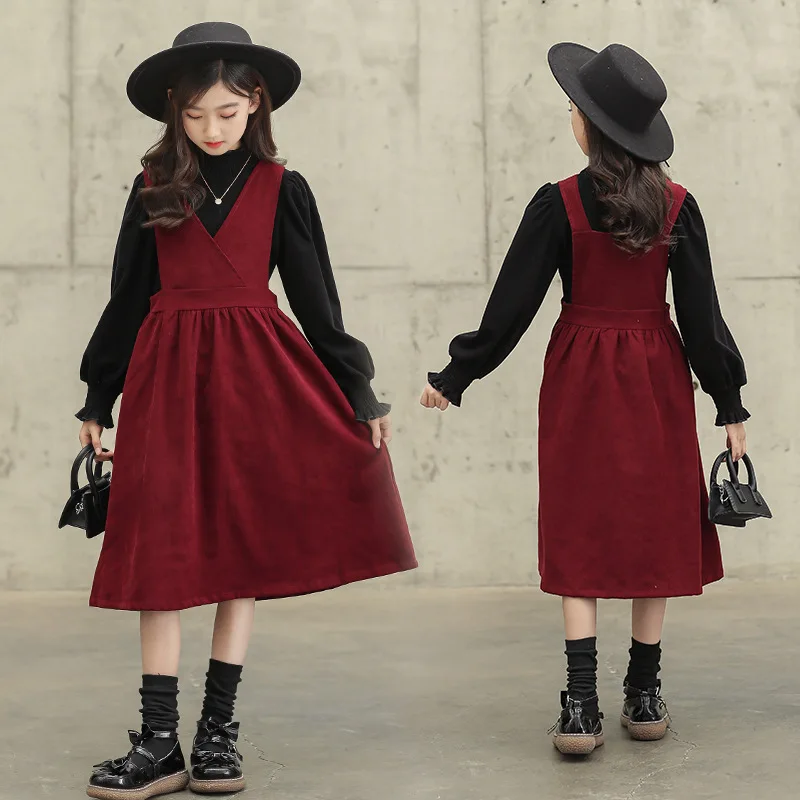 2024 Korean Spring Autumn Junior Girl 2-Piece Sets School Girl Plus Velvet High Collar Undershirt+Suspender Skirt Set For Girls