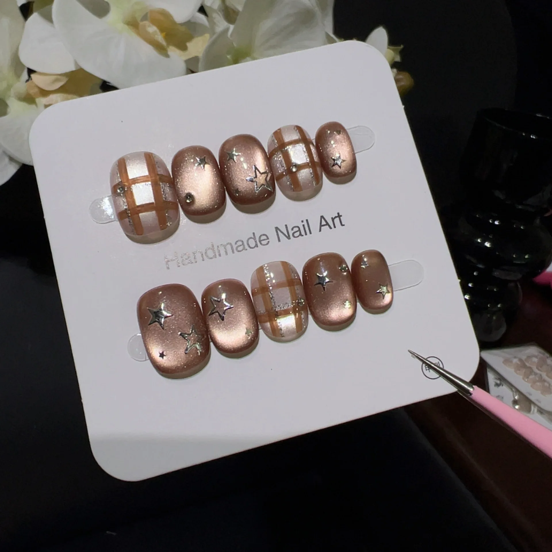 

10pcs Handmade Press on Nails Retro Brown Star-Grille Star Nail Polish False Nail for Women&Girl Removable Wearable Fake Nail
