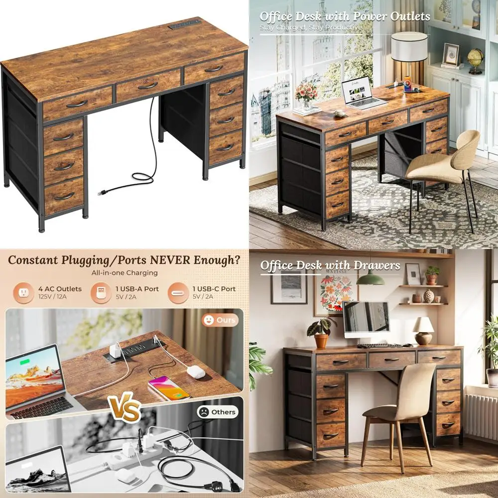 

47 Inch Office Desk with Outlets, 9 Drawer Computer Desk for Home Study and Gaming