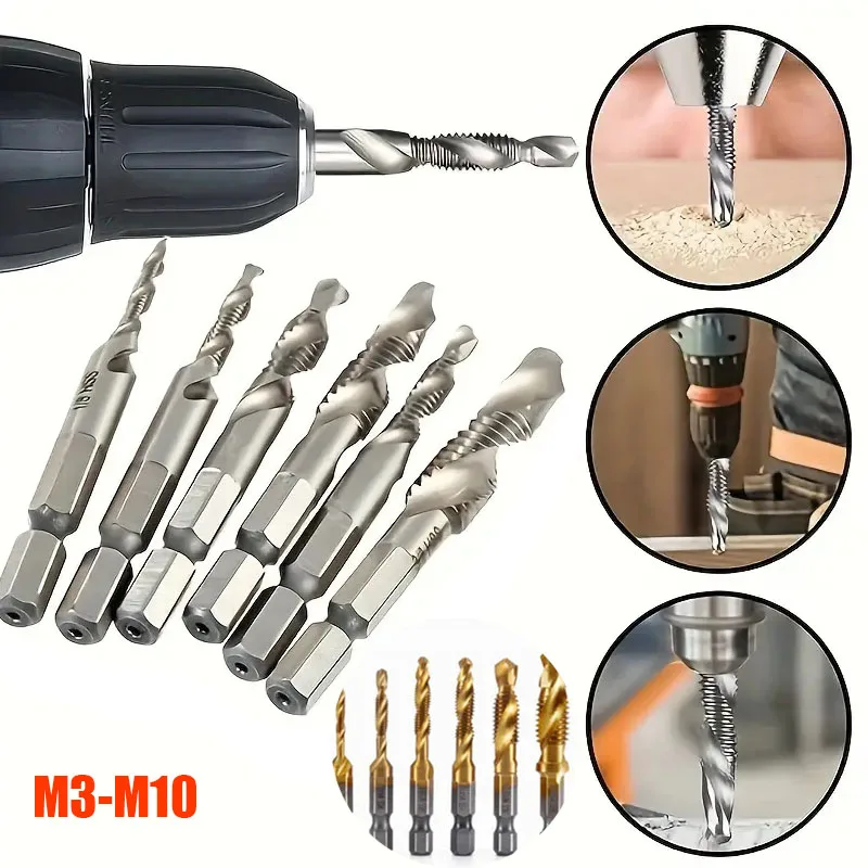 6Pcs M3-M10 Screw Tap Drill Bit High Speed Steel Screw Tap Woodworking Combination Hex Shank Drill Bit Carpentry Accessories