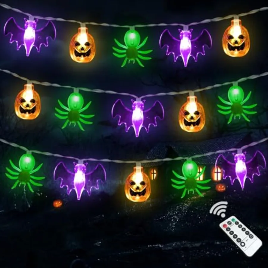 Halloween Lights, 16 Feet 30 LED Waterproof 3D Pumpkin Bat Spider Battery Operated String Lights with Timer, 8 Lighting Modes F