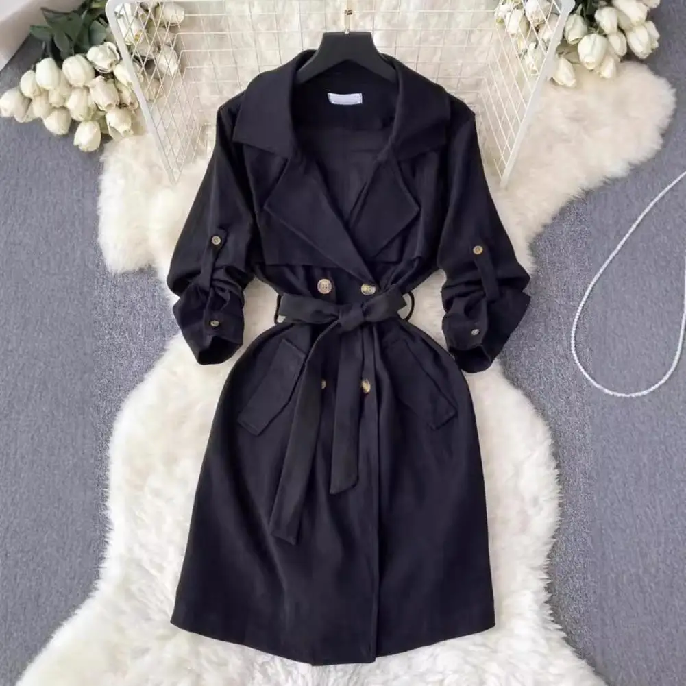 

Women Dress Loose Fit Dress Elegant Lace-up Overcoat Dress for Women with Turn-down Collar Cufflink Detail Stylish Fall