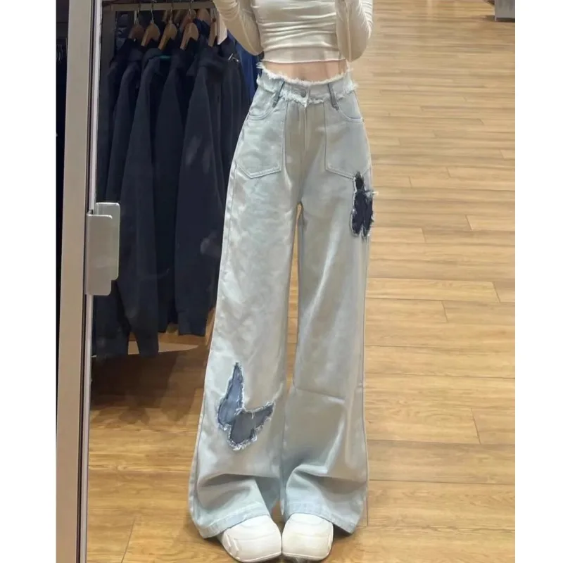Damesbroeken High Street Bow Patch Design Losse Jeans Nieuwe Hoge Taille Skinny Wijde Pijpen Rechte Pijpen Dames Lange Broek